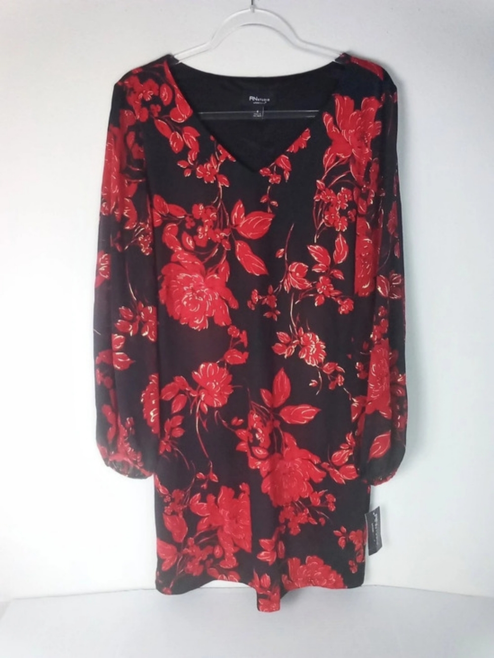 RN Studio Floral Midi Dress V-neck Stretch Black Red Gold Accent NWT Size 8
